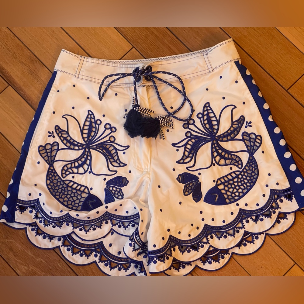 Farm Rio Artisanal Embroidered Resortwear/Beach Shorts Blue White XS Tassel Tie - Picture 3 of 16